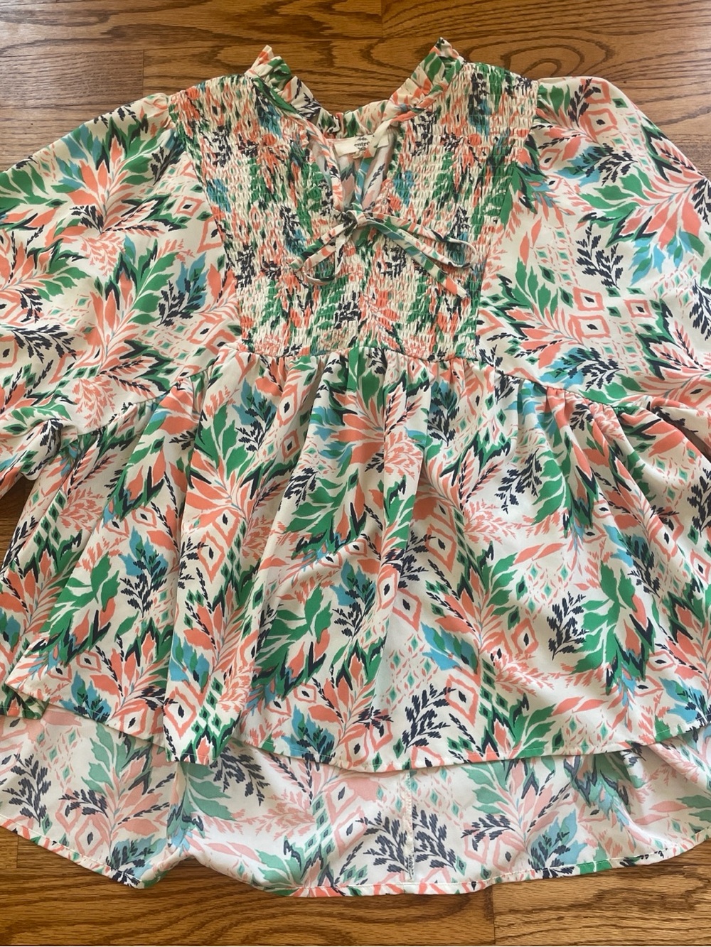 entro Coral, Green & Blue Boho Floral Smocked Tunic - 1/2 sleeve Large